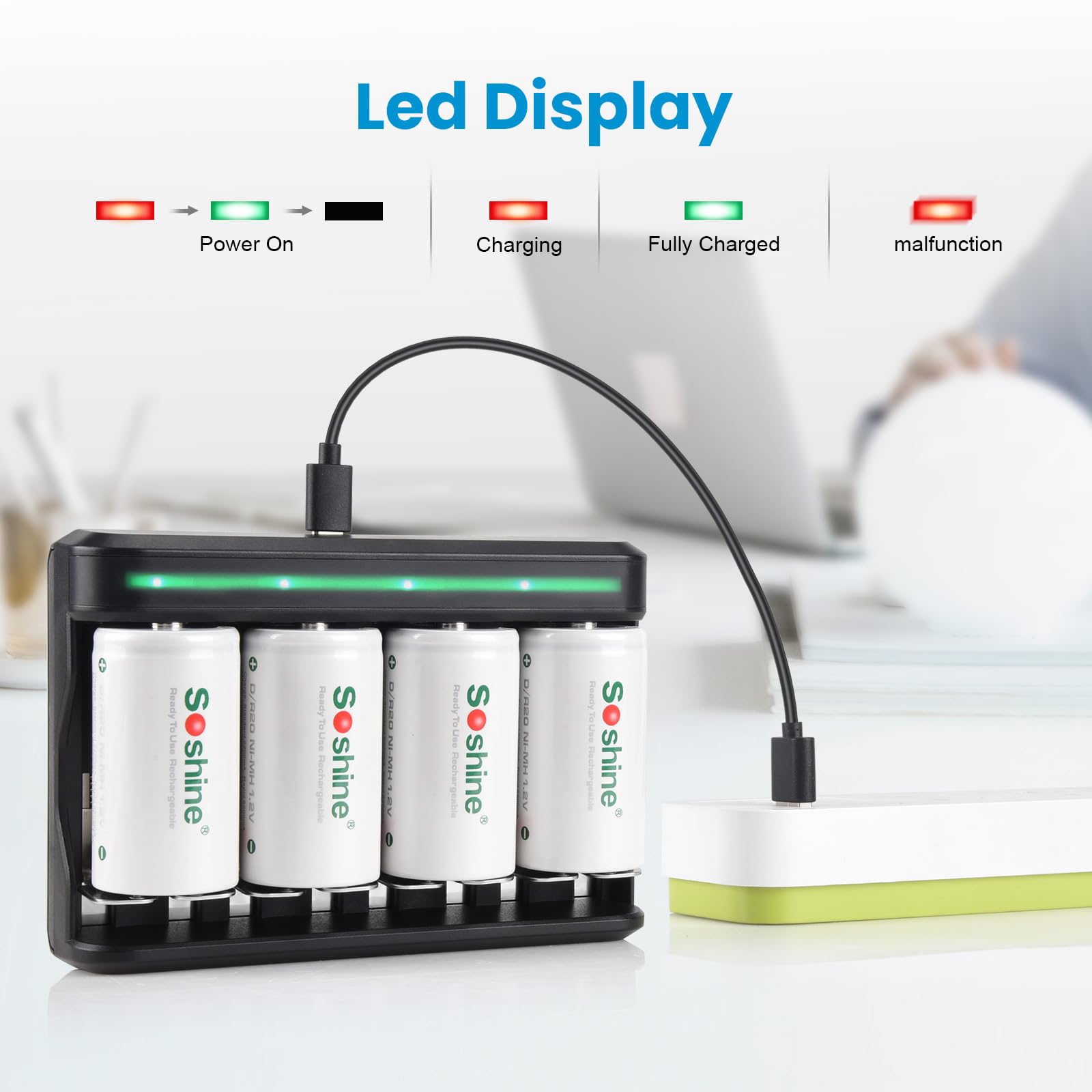 Batteries D rechargeables avec chargeur, chargeur de batterie intelligent à 8 baies avec 4 piles D 11000 mAh pour AAA/AA/SC/C/D Ni-MH Ni-CD