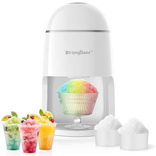 StrongBear Snow Cone Shaved Ice Machine, Electric Ice Shaver Slushie Machine, Snowcone Maker for Home Kids Summer Party, Includes 2 Reusable Ice Mold Cups, 1 Glass Goblet, 1 Non-slip Mat, White