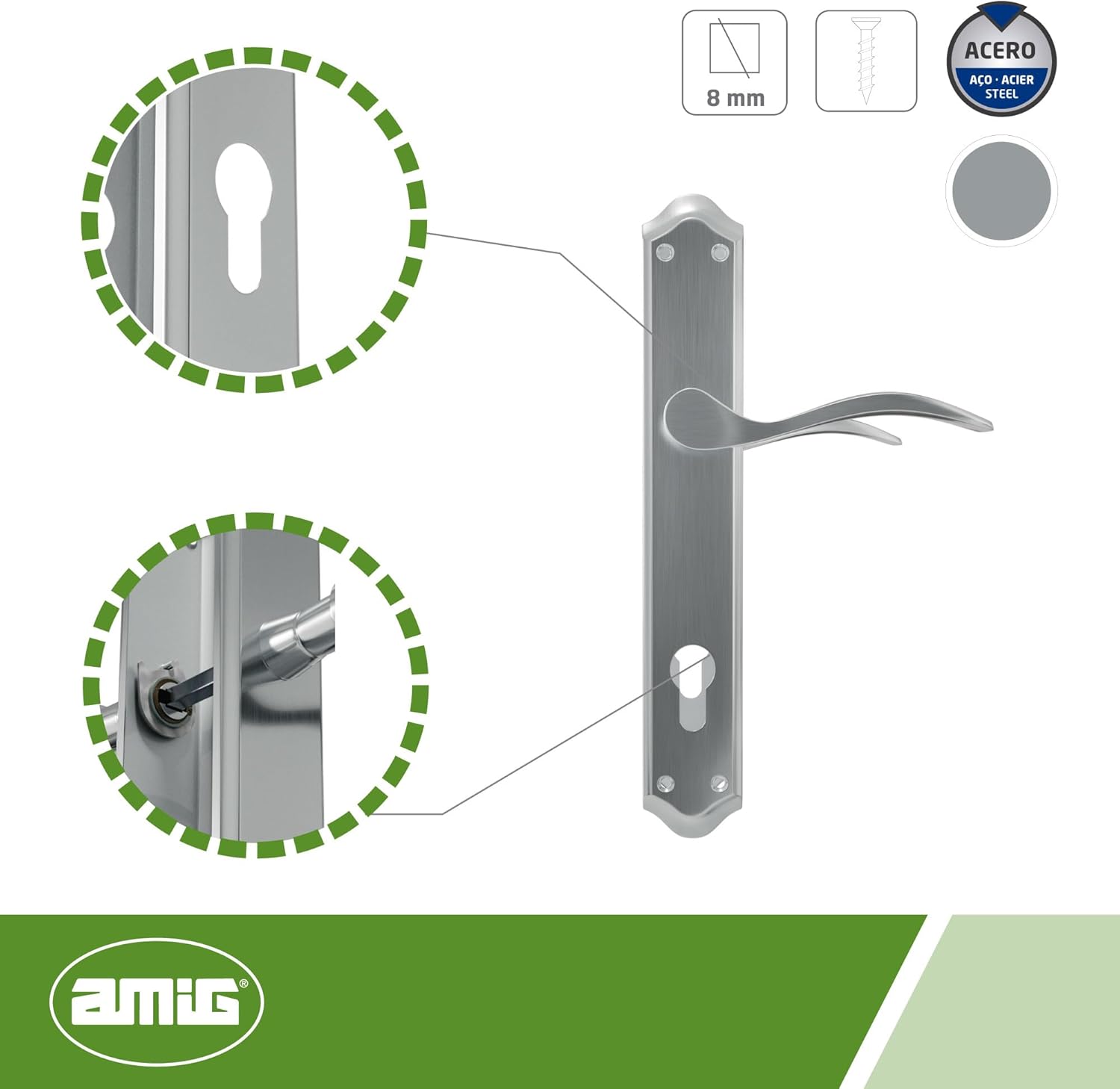 Amig - Door Handle Set with Plate | Handle with Key Escutcheon | Model Beta PB85 | Steel | 256 x 48 mm | Square Pin 8 mm | Matt Chrome-Plated