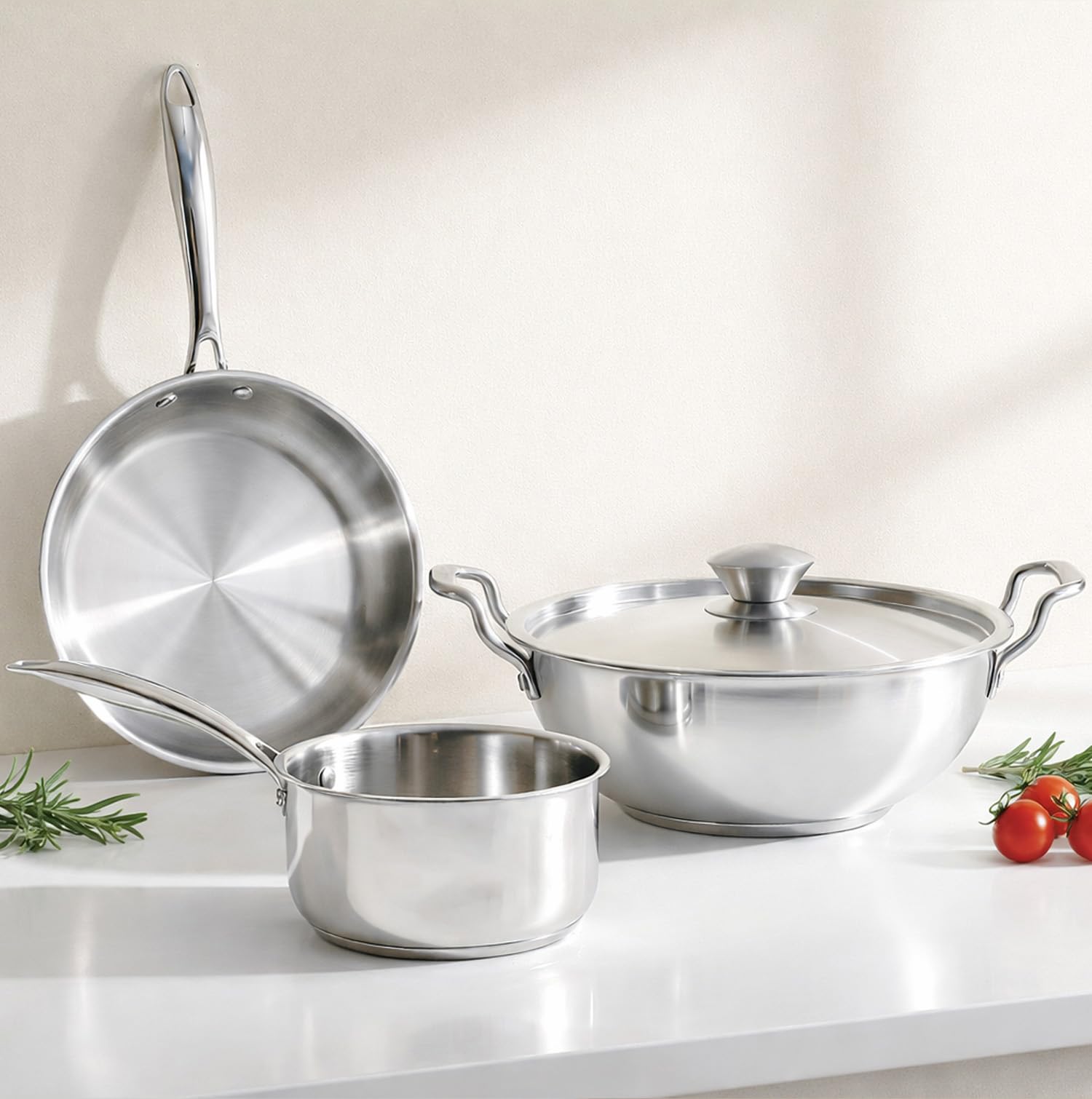solara sterra triply bottom stainless steel cookware set of 3, frying pan 22cm (1.7l) + kadai with lid 22cm (2.3l) + sauce pan 16cm (1.7l), induction & gas friendly, 3-layer bottom