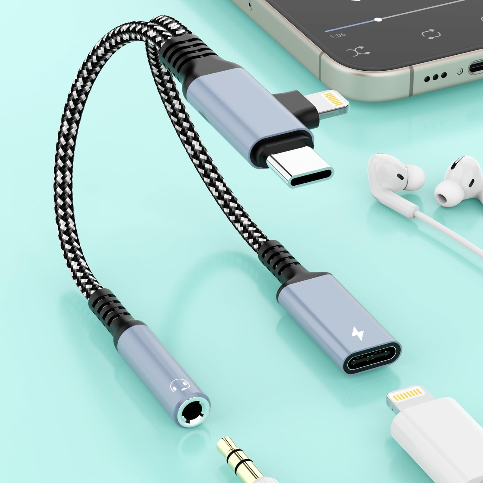 2-in-2 Lightning & USB C to 3.5mm Aux Audio Jack Headphone+Type-C Charge Cable Splitter,Earphone Converter Adapter for Music+Charge Power+HiFi for iPhone14 13 12,iPad,Samsung【Apple MFi Certified】-Gray