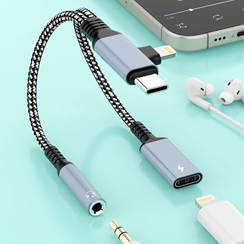2-in-2 Lightning & USB C to 3.5mm Aux Audio Jack Headphone+Type-C Charge Cable Splitter,Earphone Converter Adapter for Music+Charge Power+HiFi for iPhone14 13 12,iPad,SamsungApple MFi Certified-Gray