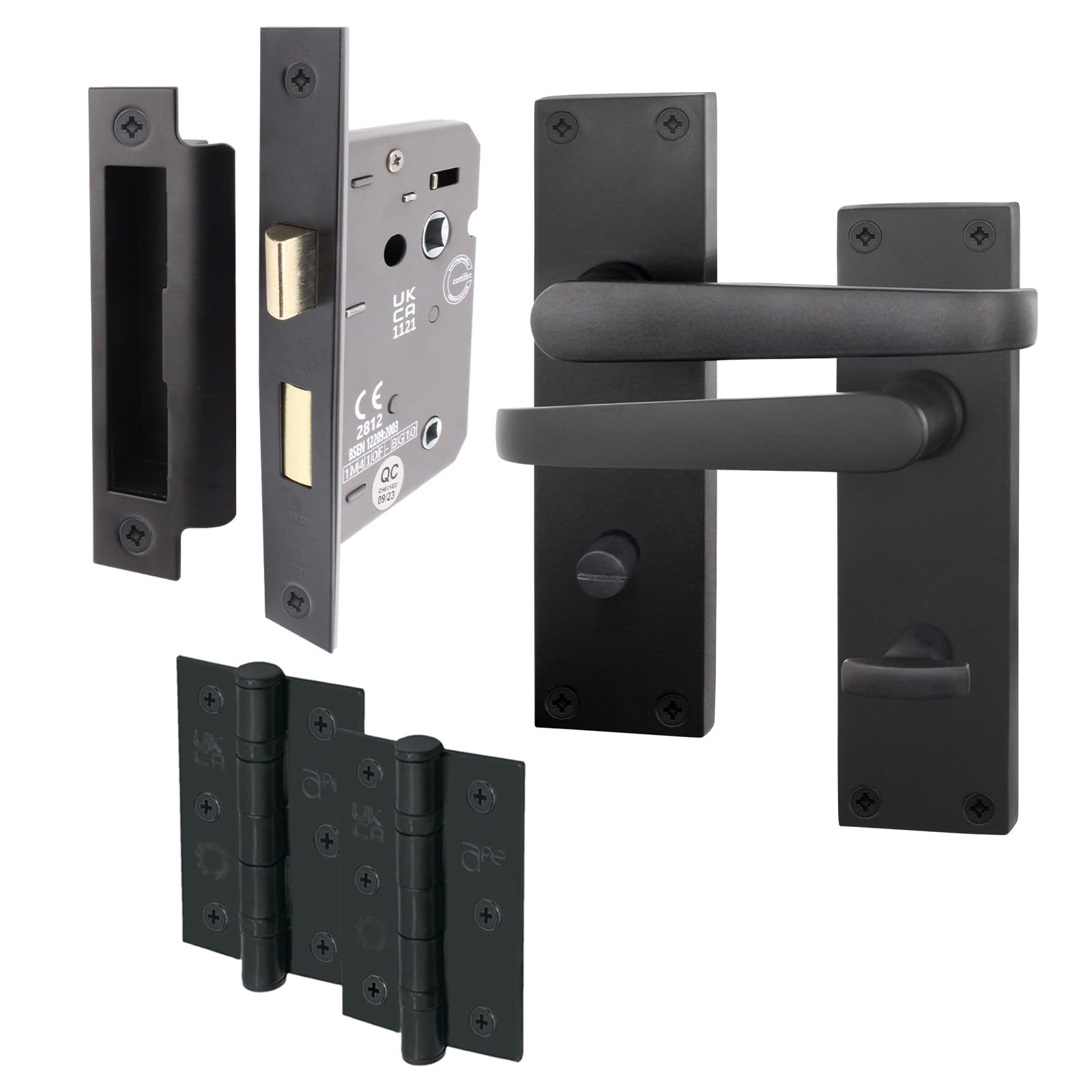 EAI Black Bathroom Door Handle Set | 1 Pair Bathroom Handles on Backplate with Lock 64mm & Hinges 76mm | Straight Pattern