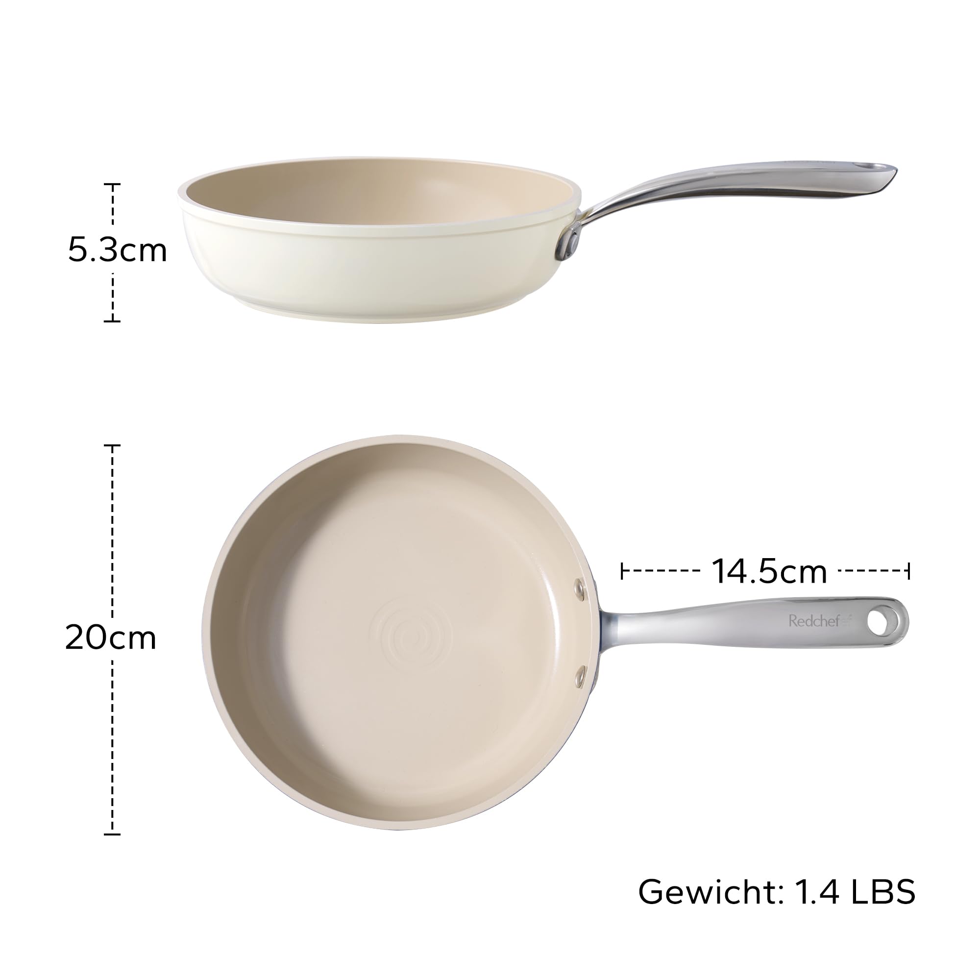 Redchef Patelnia 20 cm, ceramiczna nieprzywierająca, patelnia 20 cm, powłoka ceramiczna, do wszystkich rodzajów kuchenek, nie zawiera PTFE, PFAS, nie zawiera PFOA, nadaje się do kuchenek