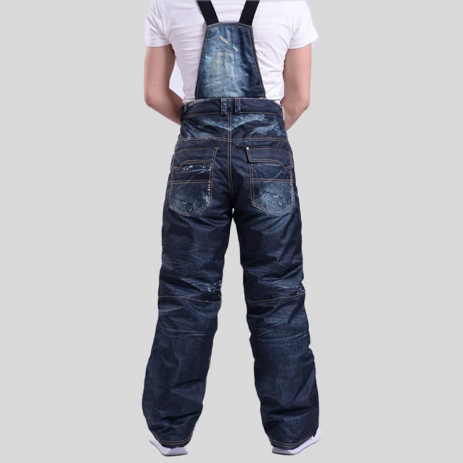 Insulated Bibs for Men Denim Ski Pants Waterproof Snow Bibs Warm Thick Snow Trousers Windproof Snowboarding Pants