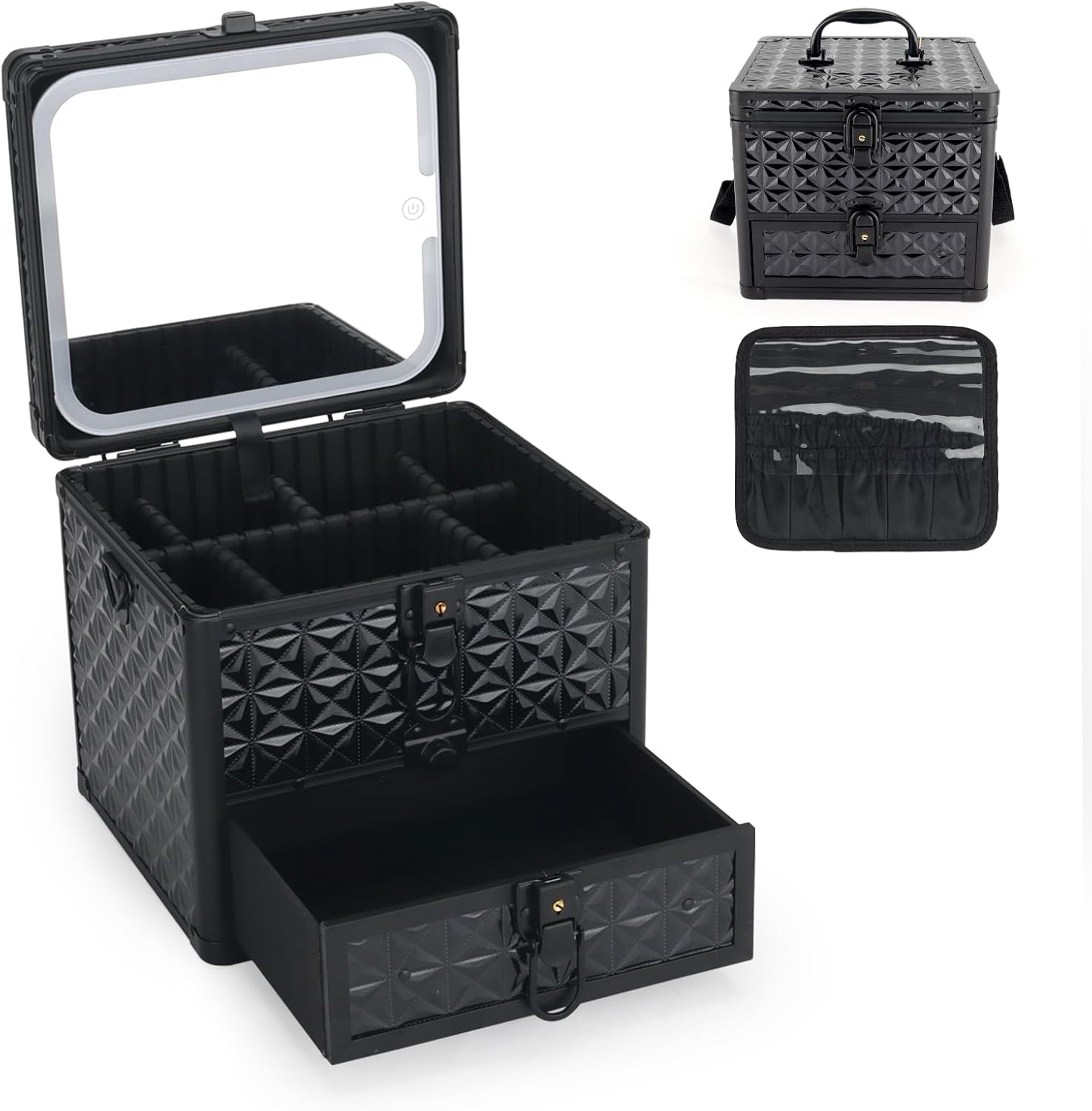 Makeup Case with Drawer, Travel Makeup Train Case with Magnetic LED Mirror, Cosmetic Organizer with Adjustable Divider - Sparkling White