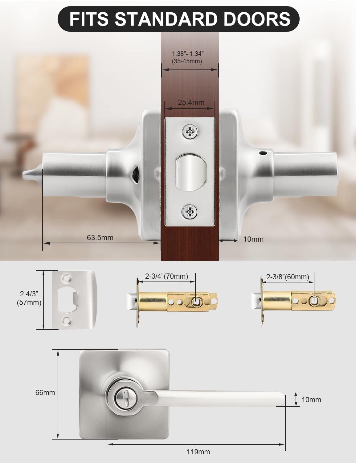 Mengico Paquete de 2 manijas de puerta de privacidad, níquel satinado, sin llave, cerradura cuadrada resistente para dormitorio y baño, manija de puerta plana reversible