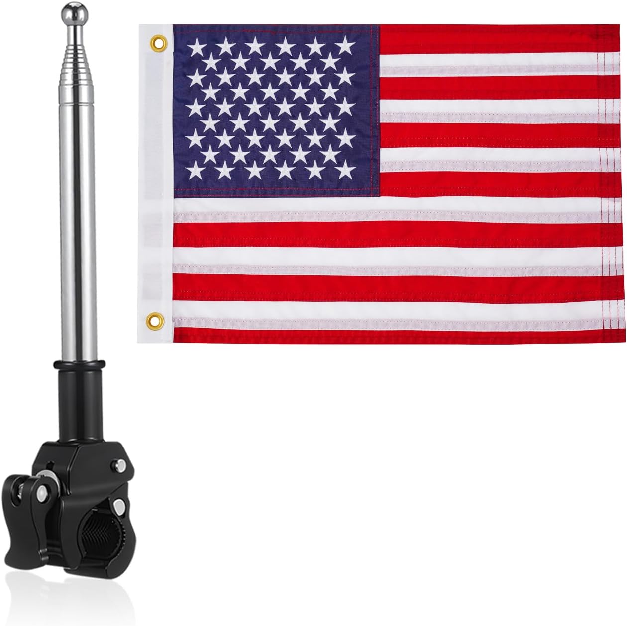 American Boat Flag Pole Kit, Embroidered Small USA Flag with 53" Telescoping Stainless Steel Flagpole, Heavy Duty Retractable Marine Flag Pole for Yacht, Truck, Bike