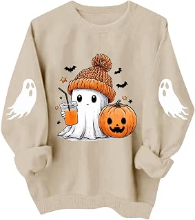 Halloween Sweatshirts for Women Cute Ghost Pumpkin Fall Spooky Season Tops