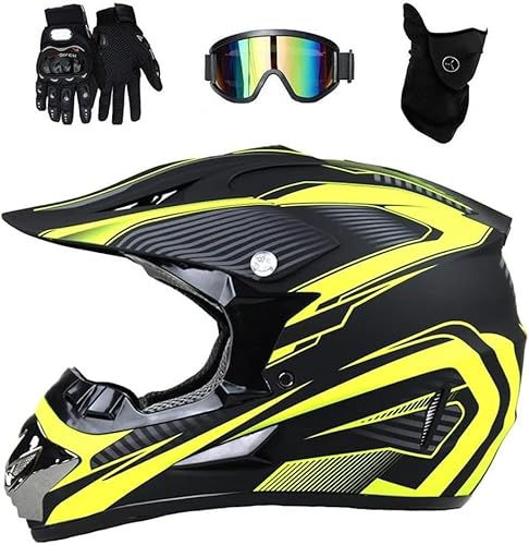 Casco de Motocicleta Todoterreno para niños y Adolescentes, Guantes con Gafas Protectoras, certificación ECE, Scooter, ciclomotor, vehículo Todo Terreno (Yellow,Large)