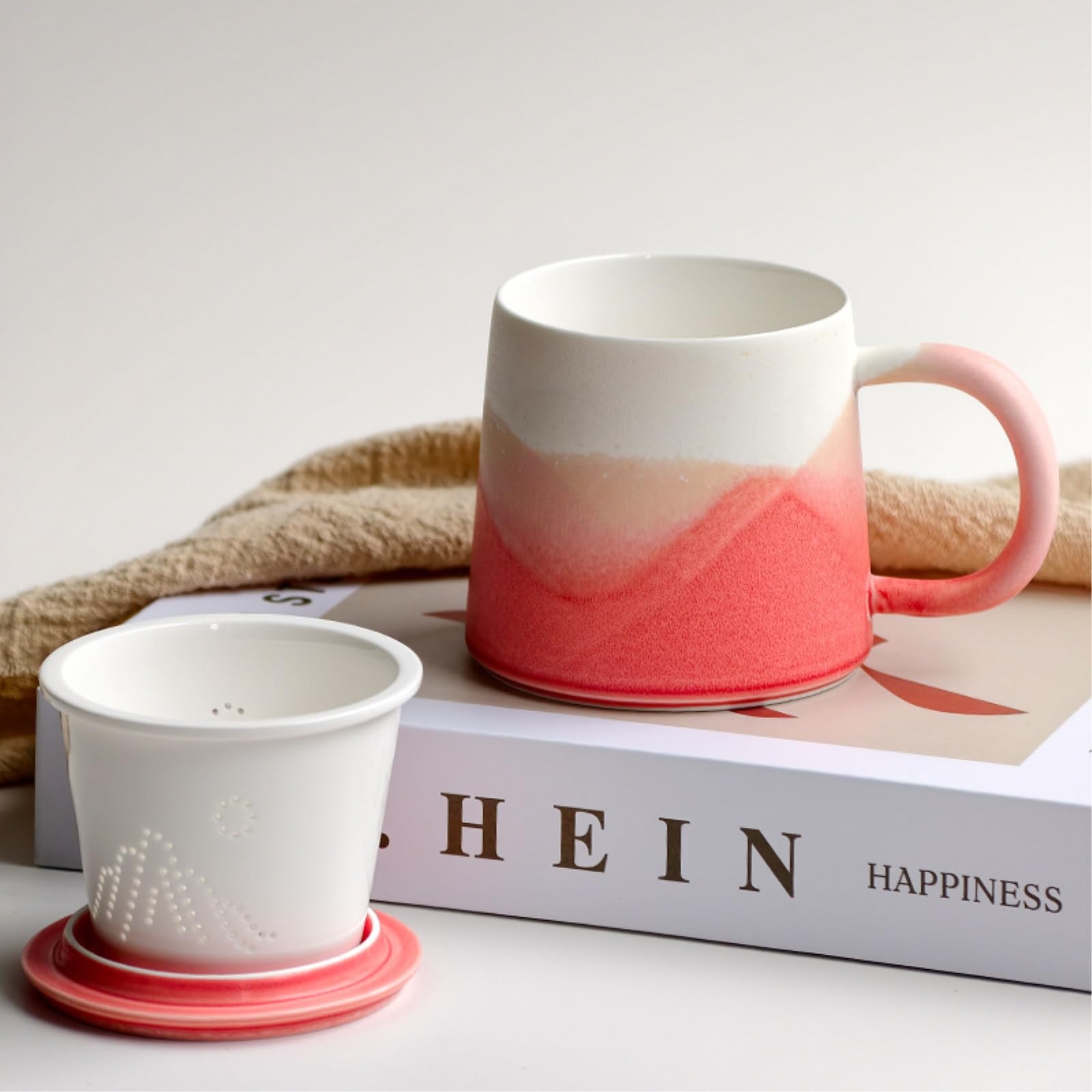 HJDMO - Taza de cerámica con tapa y colador, 350 ml, taza infusora de té azul degradado para té de hojas sueltas, taza de café grande para oficina y hogar, regalo único para ella