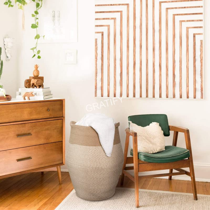 Image of GRATIFY Tall Laundry Hamper | Woven Jute Rope Dirty Clothes Hamper Modern Hamper Basket Large in Laundry Room, ( Mix Brown 18x 16 Inch)