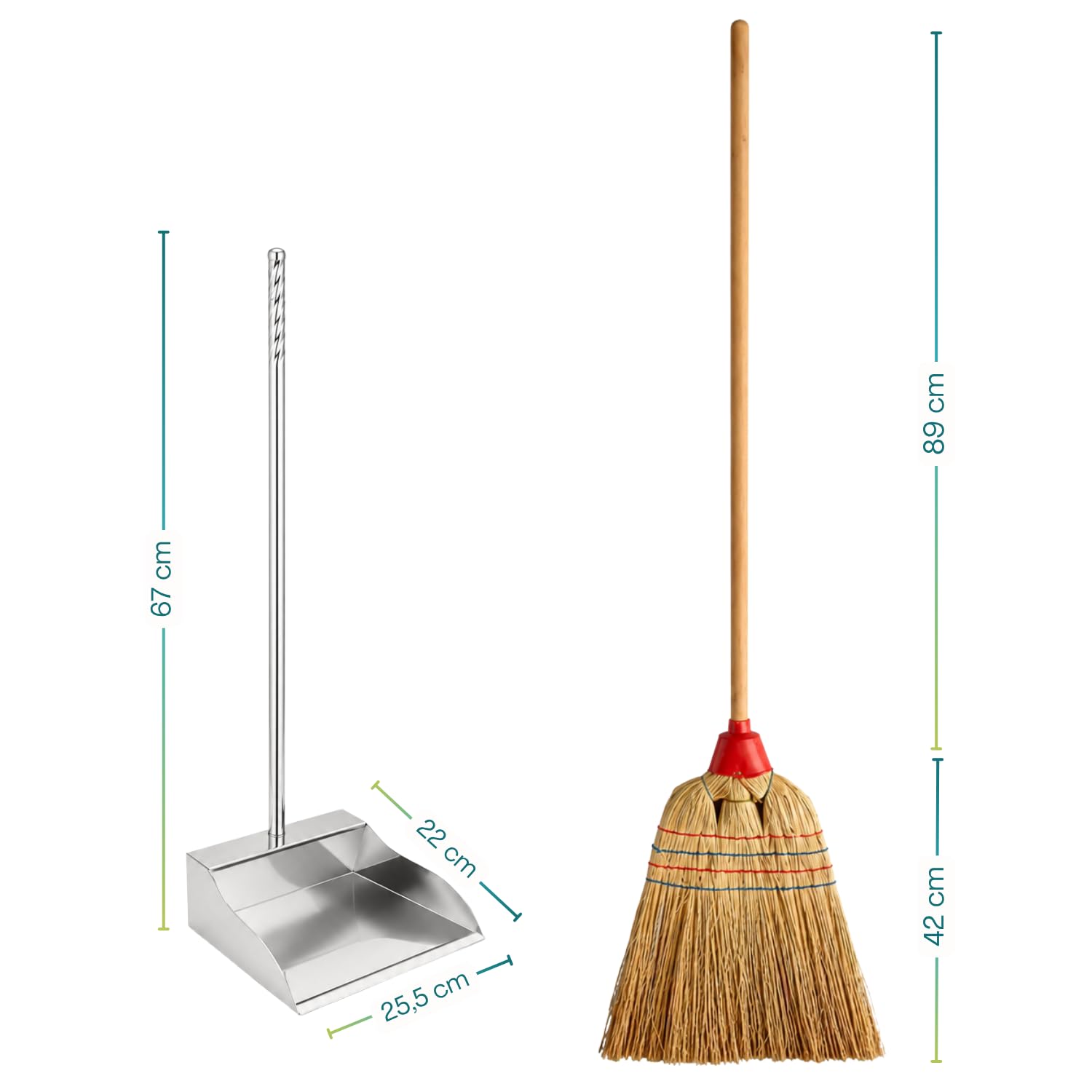 VIRSUS Set Scopa Saggina a 4 Fili + Paletta in Metallo Zincato, Scopa con Manico in Legno da 89 cm e 4 Cuciture, Paletta Antiruggine Manico 67 cm, per la Pulizia degli Esterni, Giardino, Viale -F
