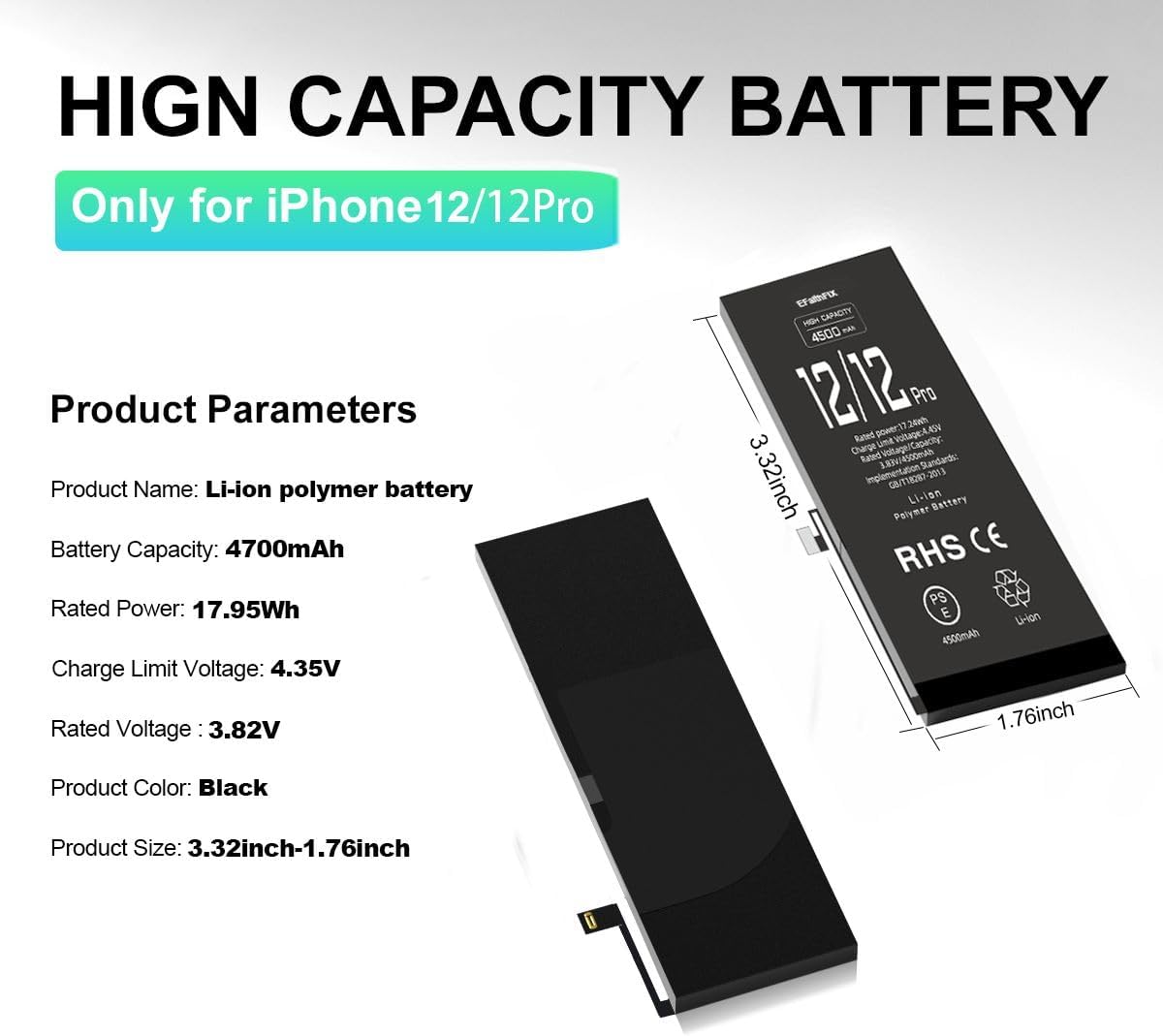EFAITHFIX 4500mAh Upgraded Replacement Battery Compatible with iPhone 12/12 PRO, High Capacity New 0 Cycle A+ Battery Replacement for iPhone Model A2172 A2402 A2403 A2404 with Complete Repair Tool Kit