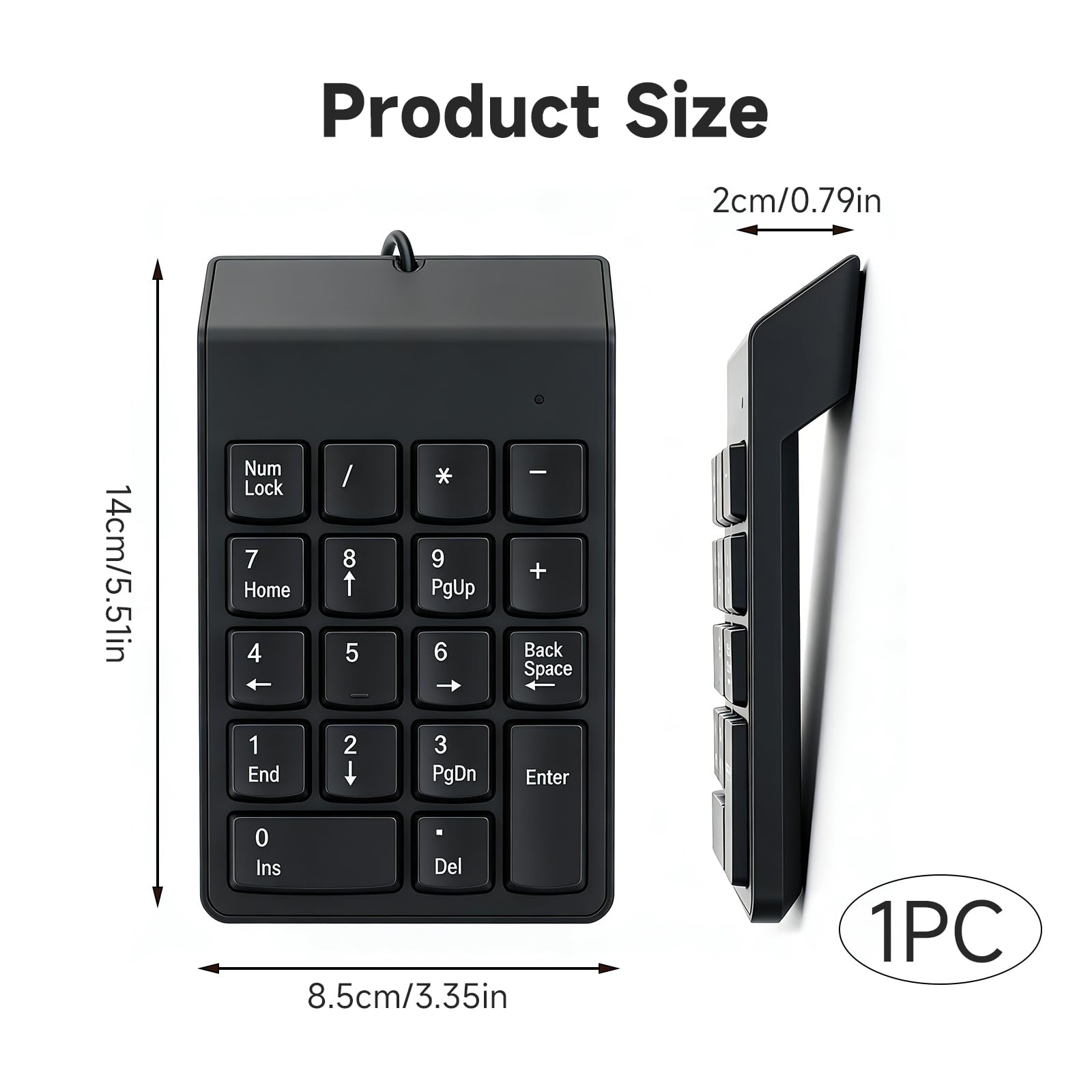 Pavé Numérique Filaire avec Câble USB Intégré, Clavier Numérique 18 Touches Ultra-Fin et Portable, Numpad pour Ordinateur Portable, Notebook et PC de Bureau, Noir