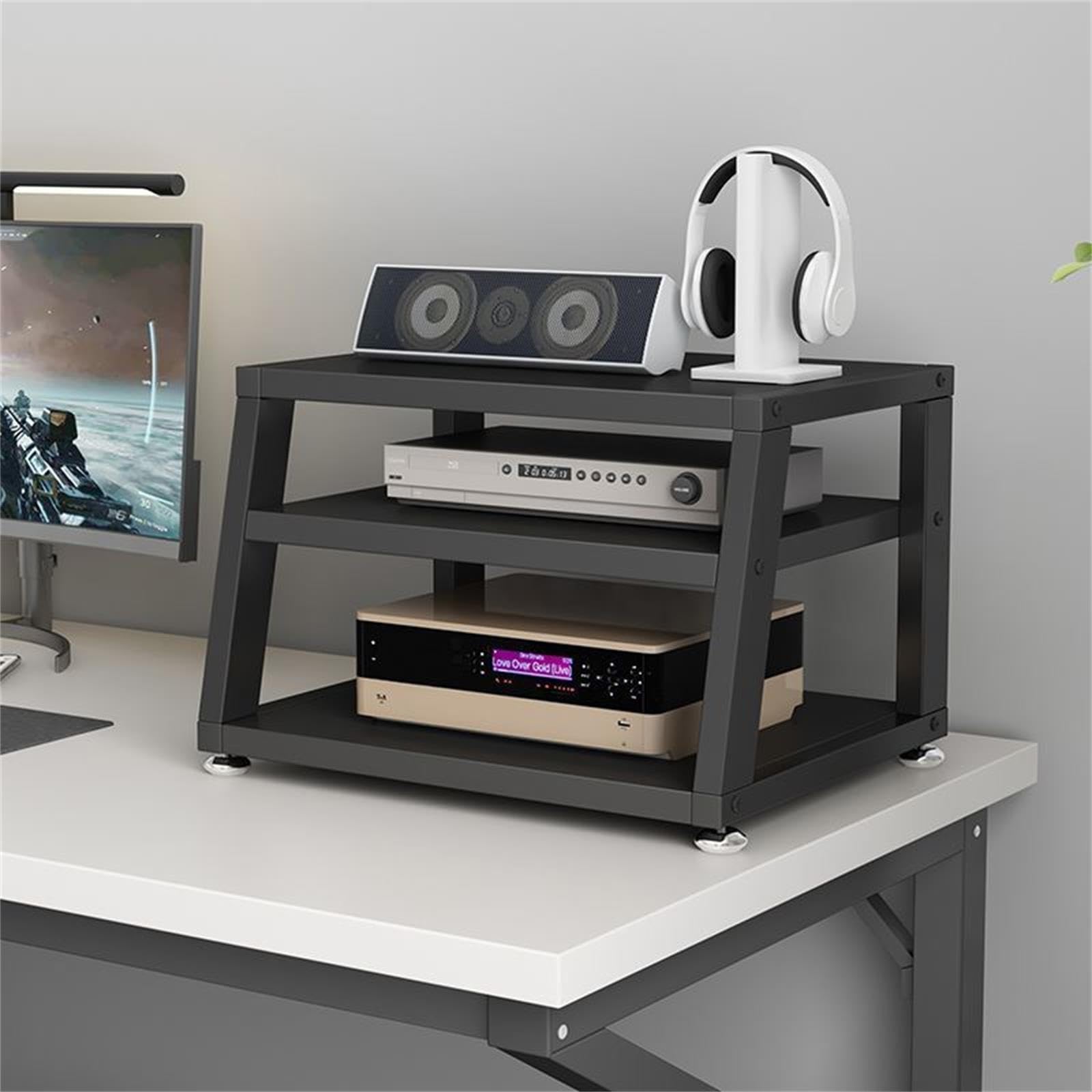 Supporto AV da tavolo, scaffale audio-video con ripiano in legno, armadio stereo aperto, armadio componente, mobile per scrivania per computer, nero, 3 livelli, larghezza 45 cm