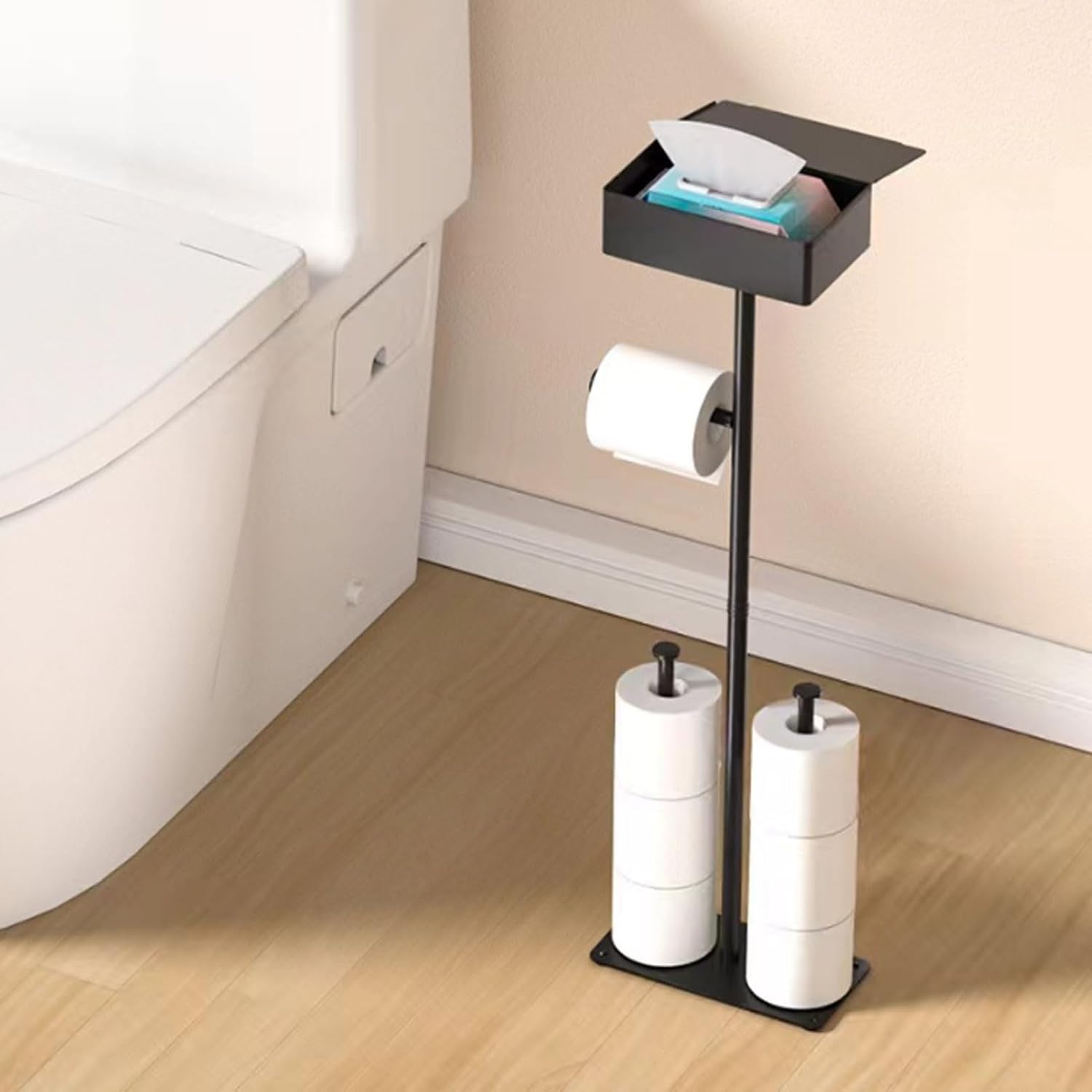 Stainless Steel Freestanding Toilet Paper Holder Stand, Black Finish, with Anti Slip Silicone Feet, for Bathroom Space Efficiency