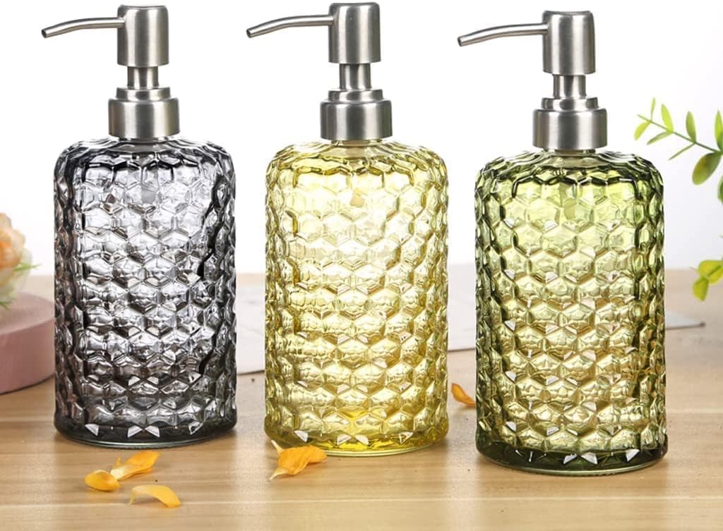 Szklany dozownik mydła Na blacie Prasowany balsamu Pompka ze stali nierdzewnej do wzorem geometrycznym 500 ml / 16,9 uncji(Yellow)