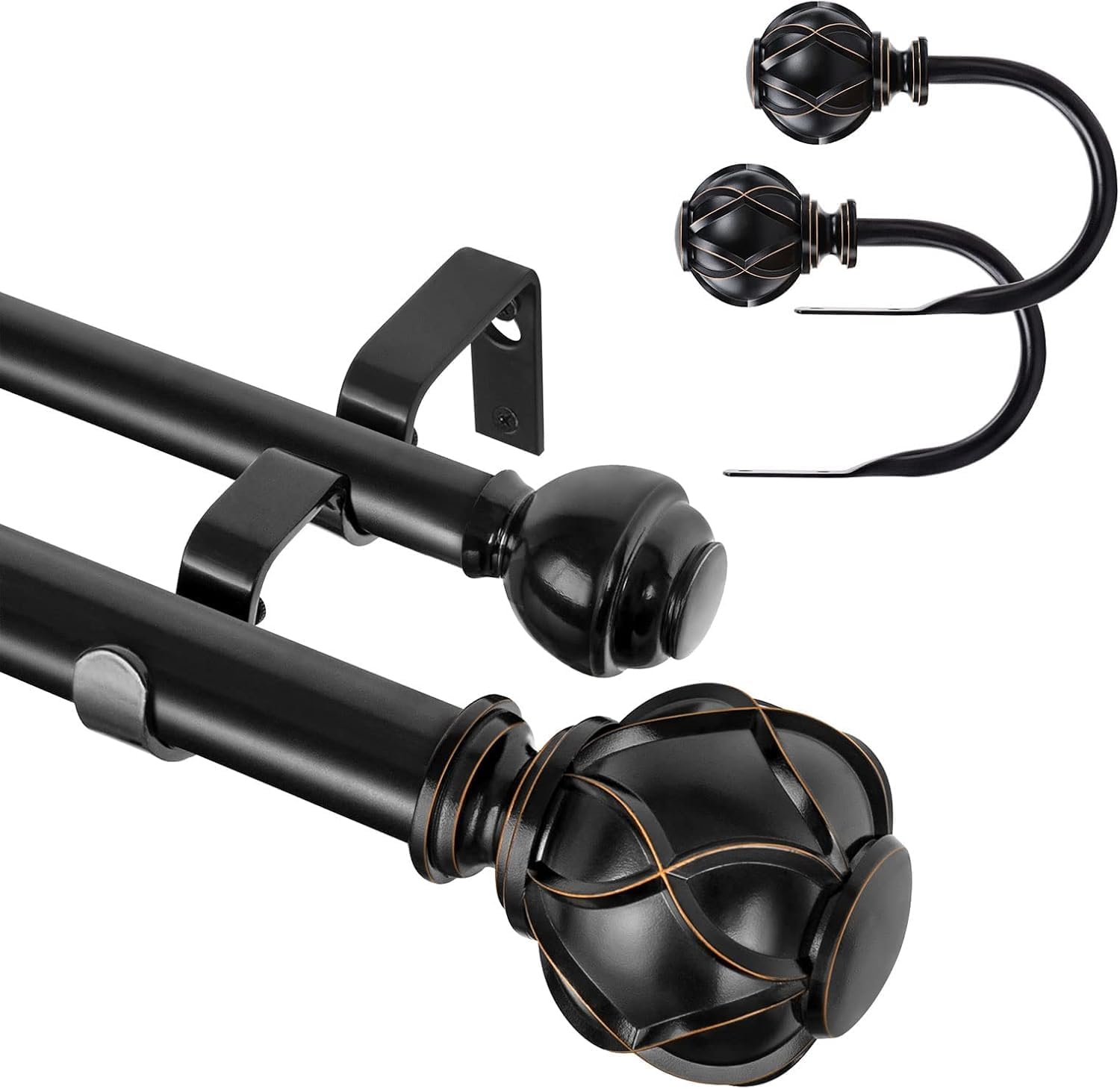 KAMANINA Bundle of 140-195" Double Curtain Rod and Matched Holdbacks 1 Pair, Netted Texture Finials, Black