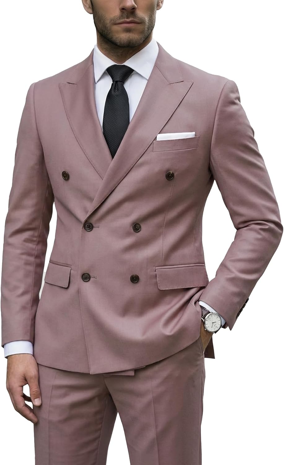 YND Men's 2 Piece Suit, Double Breasted Slim Fit Jacket Pants Set and Tie, Party Prom Dinner Wedding Blazer Tuxedo & Trousers