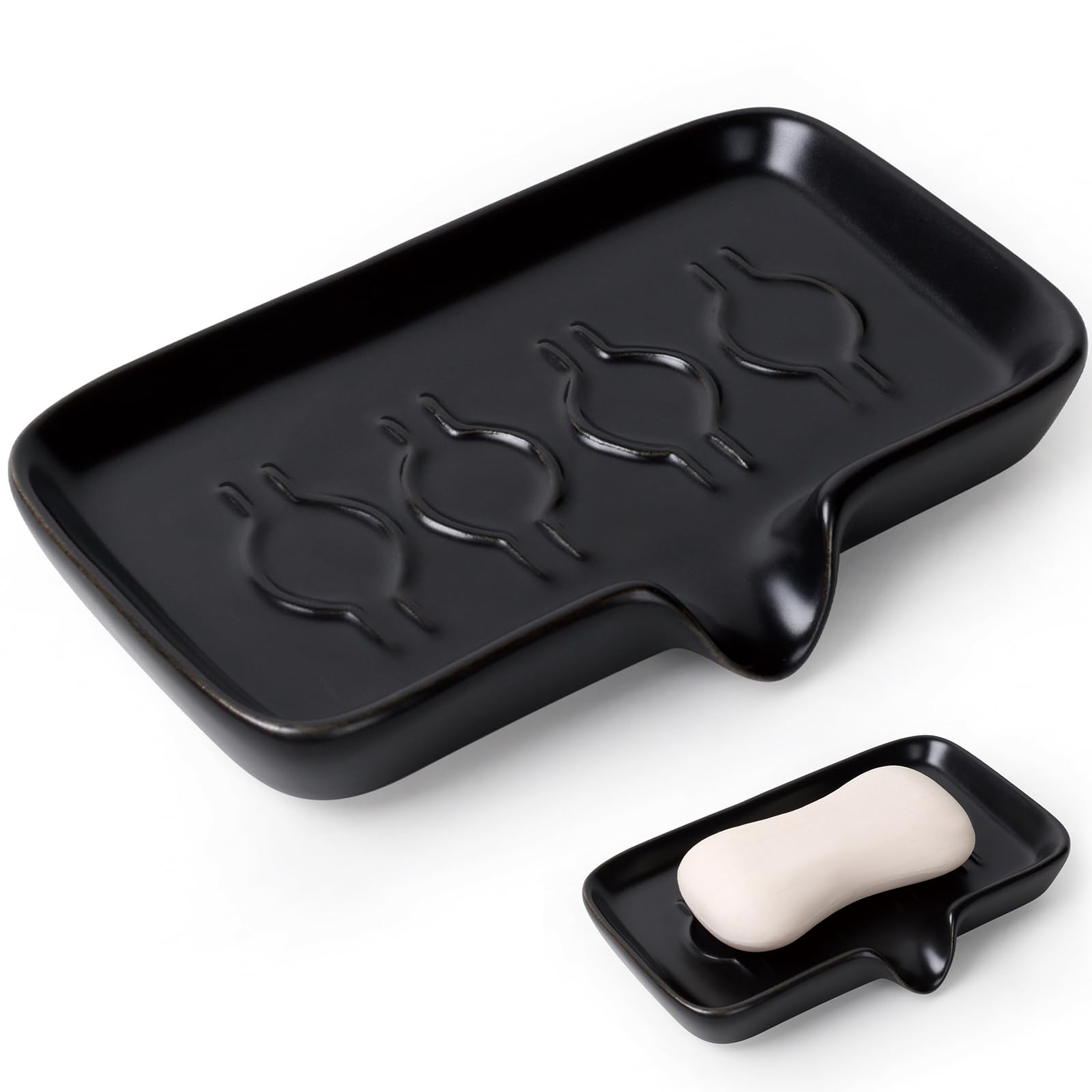 ANTIS'S HOME Ceramic Soap Dish with Drainage Self-Draining Bar Soap Holder Tray, Black Modern Square Bathroom Accessory for Sink, Shower & Kitchen | Keeps Soap Dry & Easy to Clean