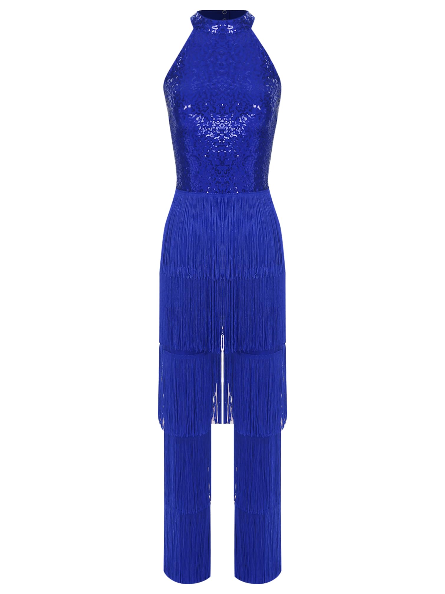 TiaoBug Abito da Ballo Latino Americano Tango Donna con Nappe Paillettes Body Danza Classica Moderna Collo Halter Costume da Danza Samba Rumba Salsa Sala da Ballo Dancewear