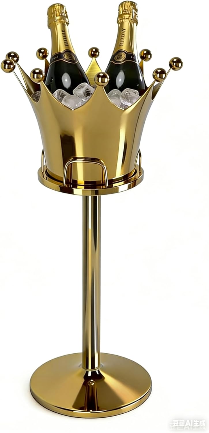 7L Titanium Gold Crown Ice Bucket with Floor Stand, 1mm Thick Heavy Duty Stainless Steel Champagne Wine Chiller, Anti-Tip Standing Ice Bucket with 6.5kg Stable Base for Weddings Party Bars KTV