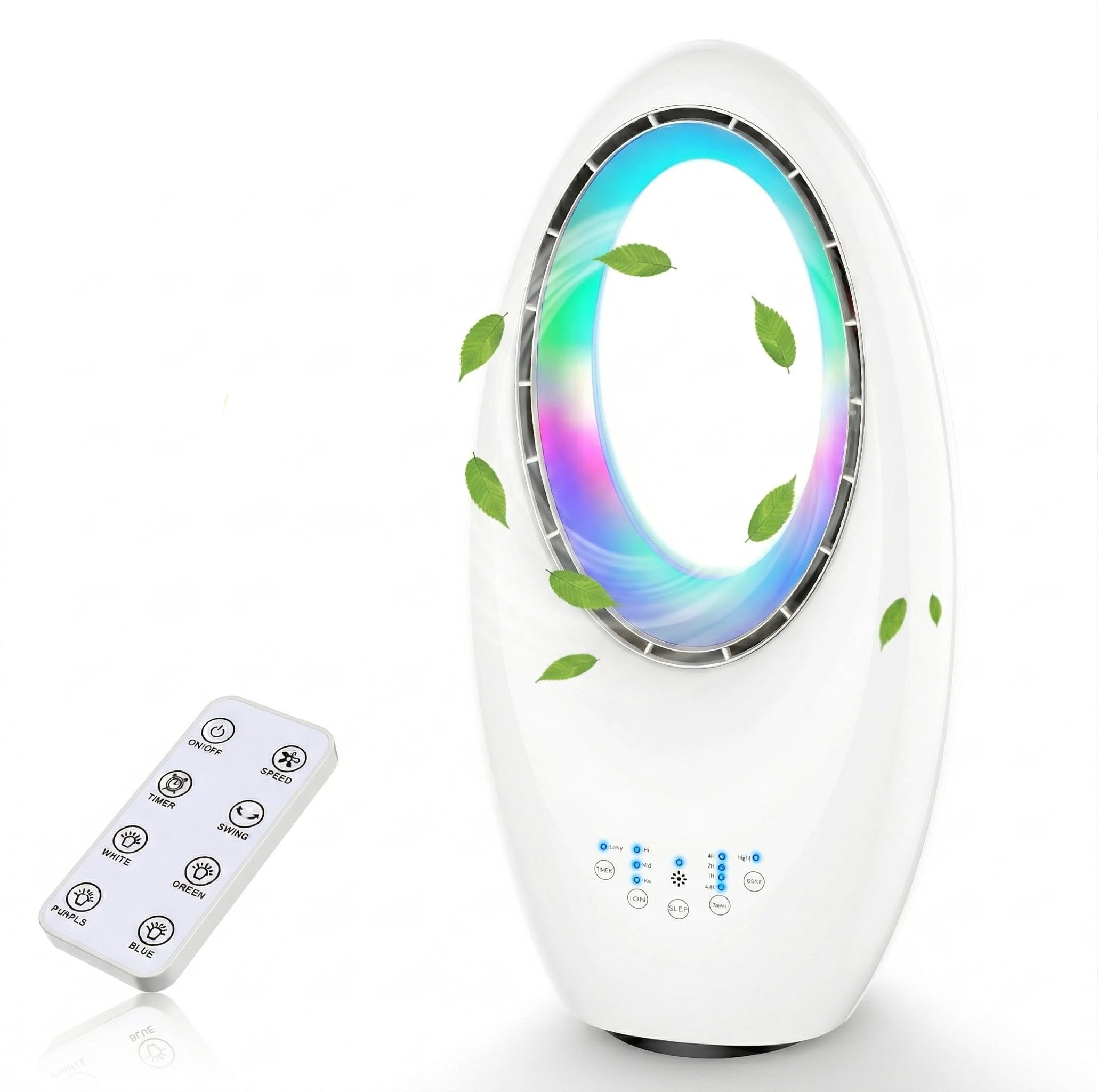 Ventilatore a Torre Senza Pale Silenzioso con Telecomando, 24 Velocità, 3 Modalità, Oscillazione 75°, Timer 12H, Illuminazione LED 4 Colori, per Camera da Letto, Ufficio e Soggiorno (Bianco1)
