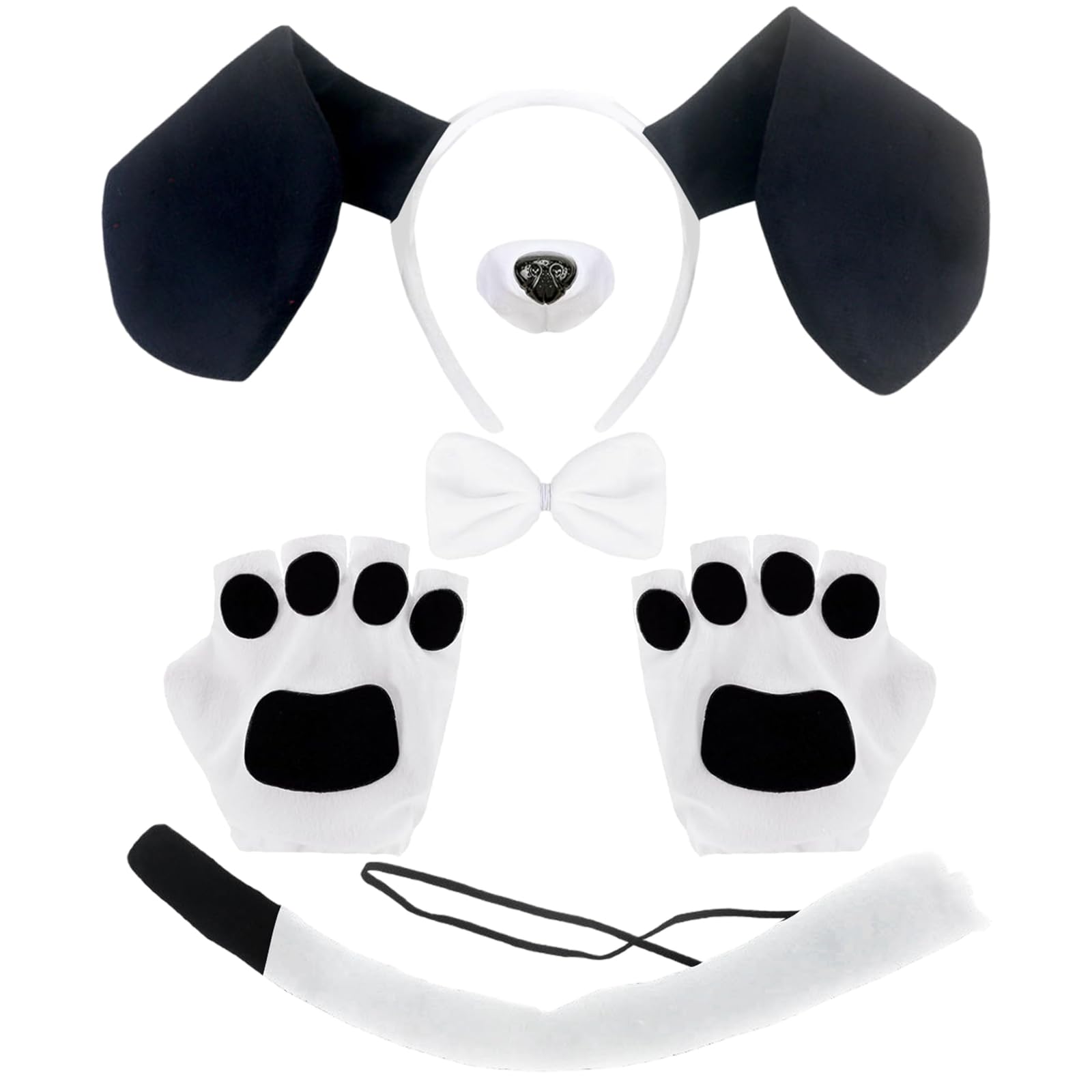 XNIVUIS 5 Piezas Juego de Disfraz de Perrito Blanco Negro,Juego de Disfraz de Perro Orejas de Perro Diadema Guantes Pajarita,Disfraz Carnaval Perro Cosplay Fiesta Animal Regalo