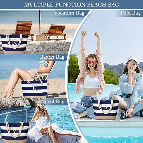 YOOLIFE Initial Canvas Waterproof Beach Tote Bag Zipper Personalized Gifts for Women Her Birthday Travel Beach Essential4