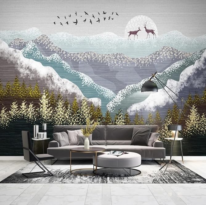 Fresque murale style chinois forêt de pins et nuages haute définition