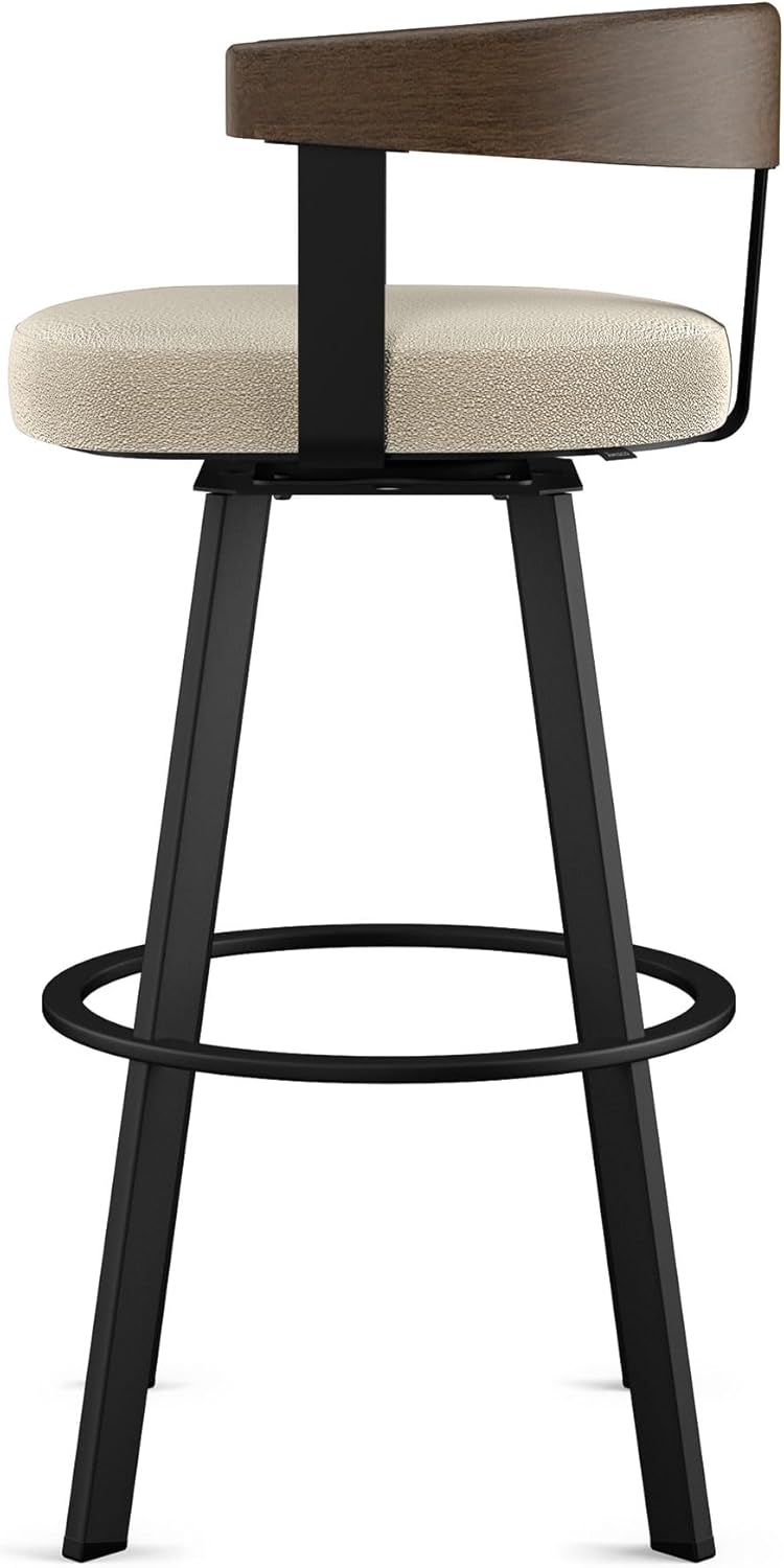 Amisco Lars 26" Swivel Counter Height Barstool, Upholstered Stool with Solid Wood Back and Arms for Kitchen Island or Bar, Drees Stool, Cream Bouclé Polyester/Brown Wood/Black Metal