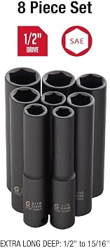 SUNEX TOOLS 2848, 1/2 Inch Drive Impact Socket Set, Extra Long Deep, 8-Piece, SAE, 1/2-15/16, Cr-Mo Alloy Steel, Radius Corner Design, Dual Size Markings, Heavy Duty Storage Case