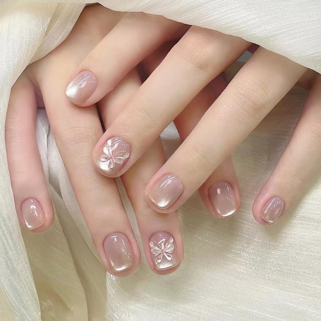24 Pcs Glossy Cats Eyes Stick on Nails Elegant Artificial Nails 3D Butterfly False Nails for Woman