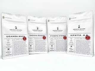 Smokin Beans Africa Bean Box – Kenya AA, Ethiopia Sidamo, Tanzania Peaberry, Uganda – 4 bags 8oz each - Medium Roast – Shade Grown, Sun Dried African Coffee Beans