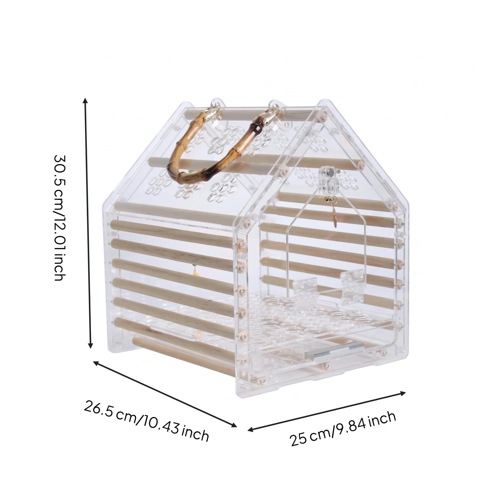 perfeclan Jaula para Pájaros Portátil Transportín Acrílico para Aves Jaula Caja con Listones de Madera Asa de Bambú Base Perforada, Pequeño, Techo Puntiagudo