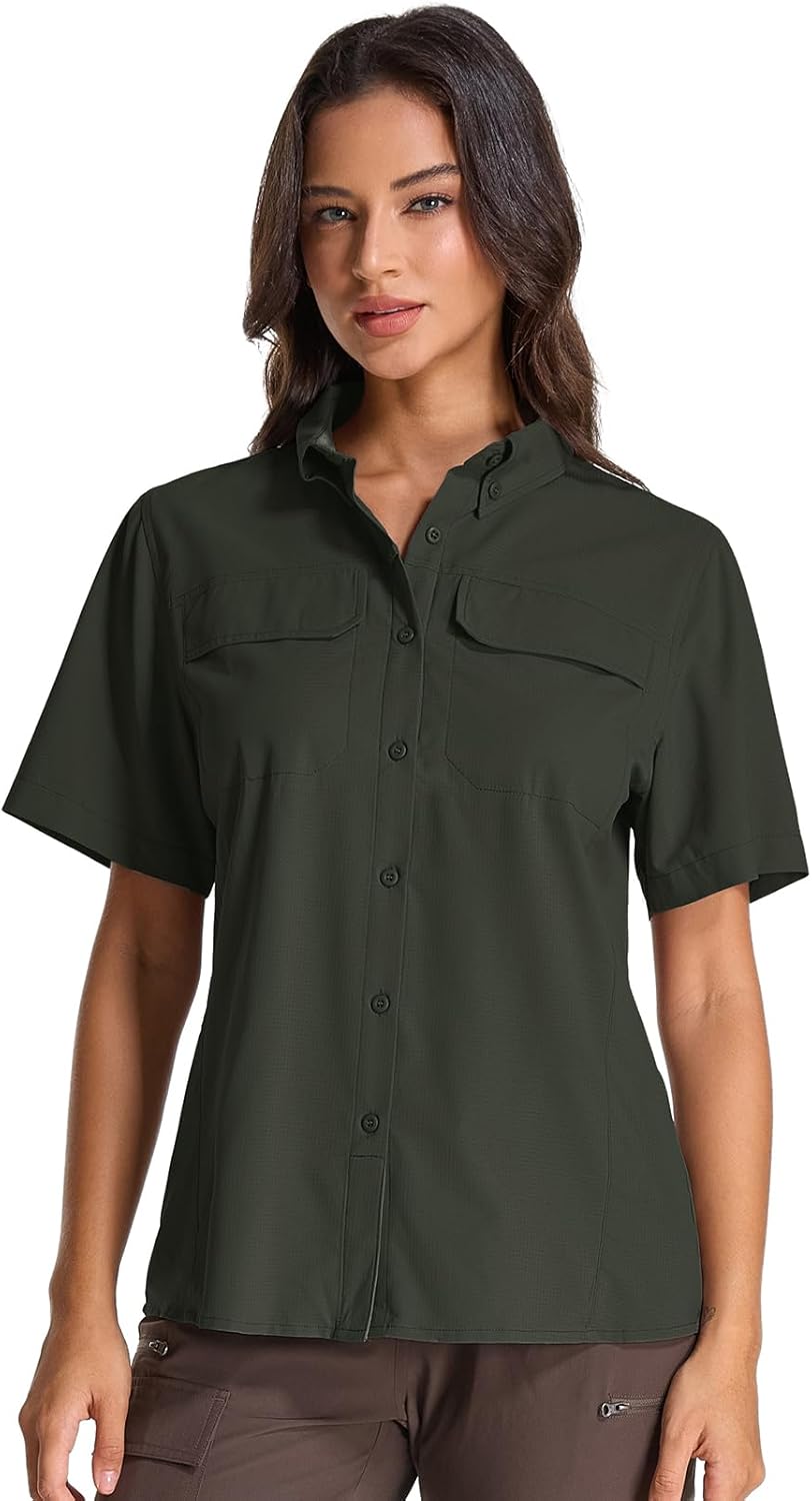 Womens Safari Hiking Sun Shirts Sun Protection Quick Dry Short Sleeve Button Shirts