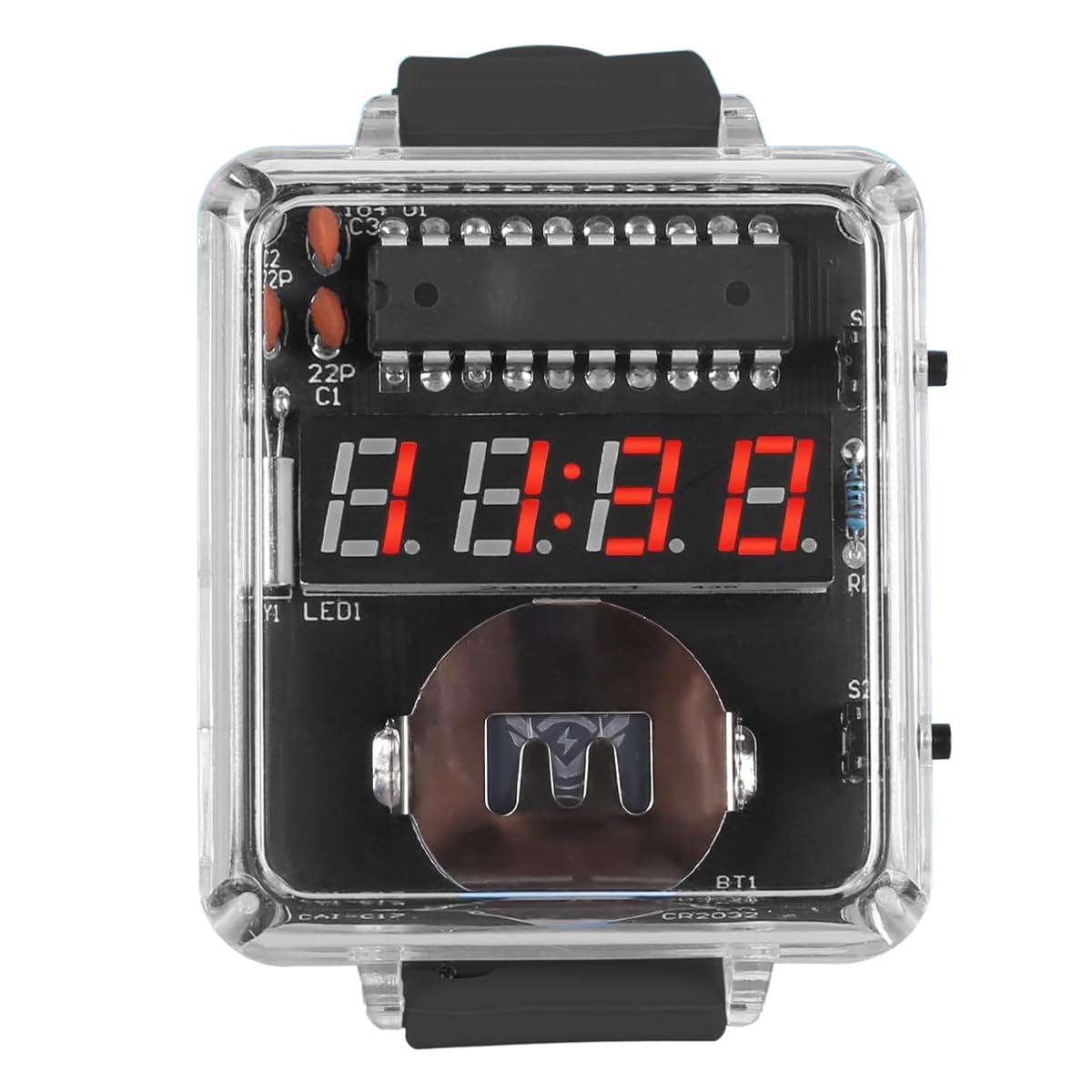 DIY-Lötset für eine Uhr mit 4-stelliger Anzeige, Lötprojekte mit transparentem Gehäuse, Bausatz für Schule und Schüler, inklusive Batterie (Schwarz)