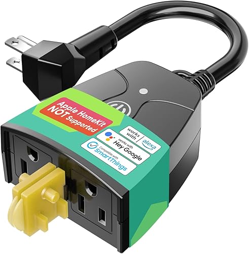 Meross - Enchufe inteligente para exteriores, salida WiFi para exteriores con 2 tomacorrientes, control remoto, temporizador, impermeable, funciona