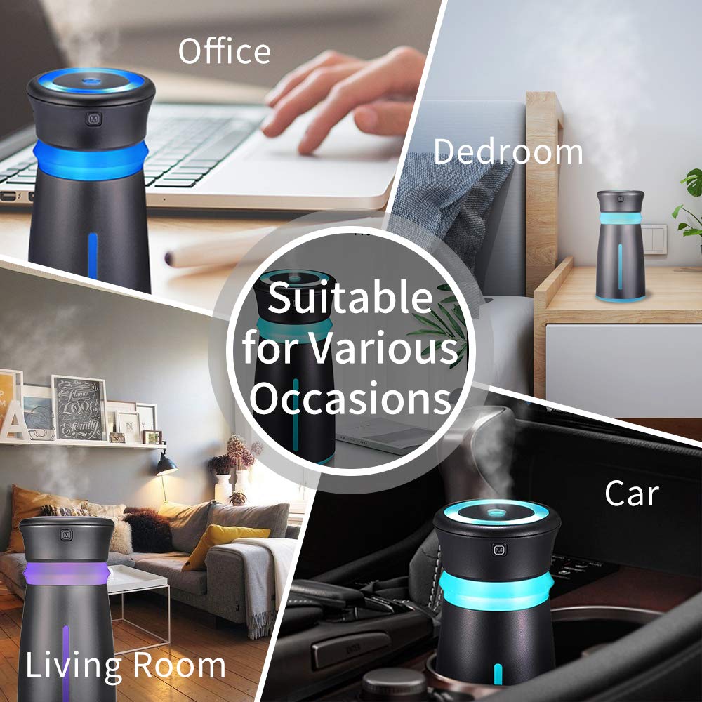 GENUIE USB Car Humidifier Diffuser, 300ML Cool Mist Potable Humidifiers Ultrasonic Home Air Refresher Purifier with 7 Colors LED Night Light, Quiet Operation for Travel Home Baby Office Car (Black)