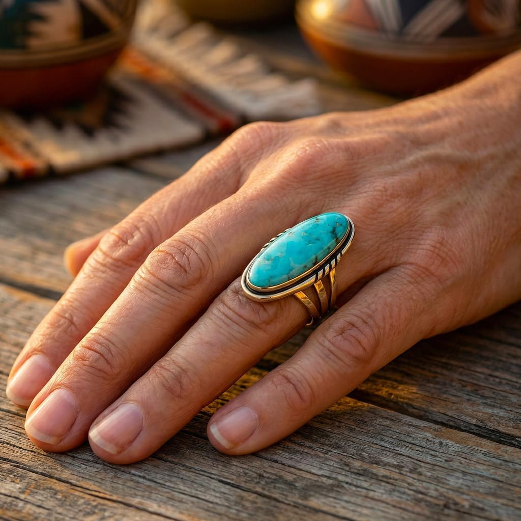 Turquoise Ring Gold Tone Genuine Gemstone for Women