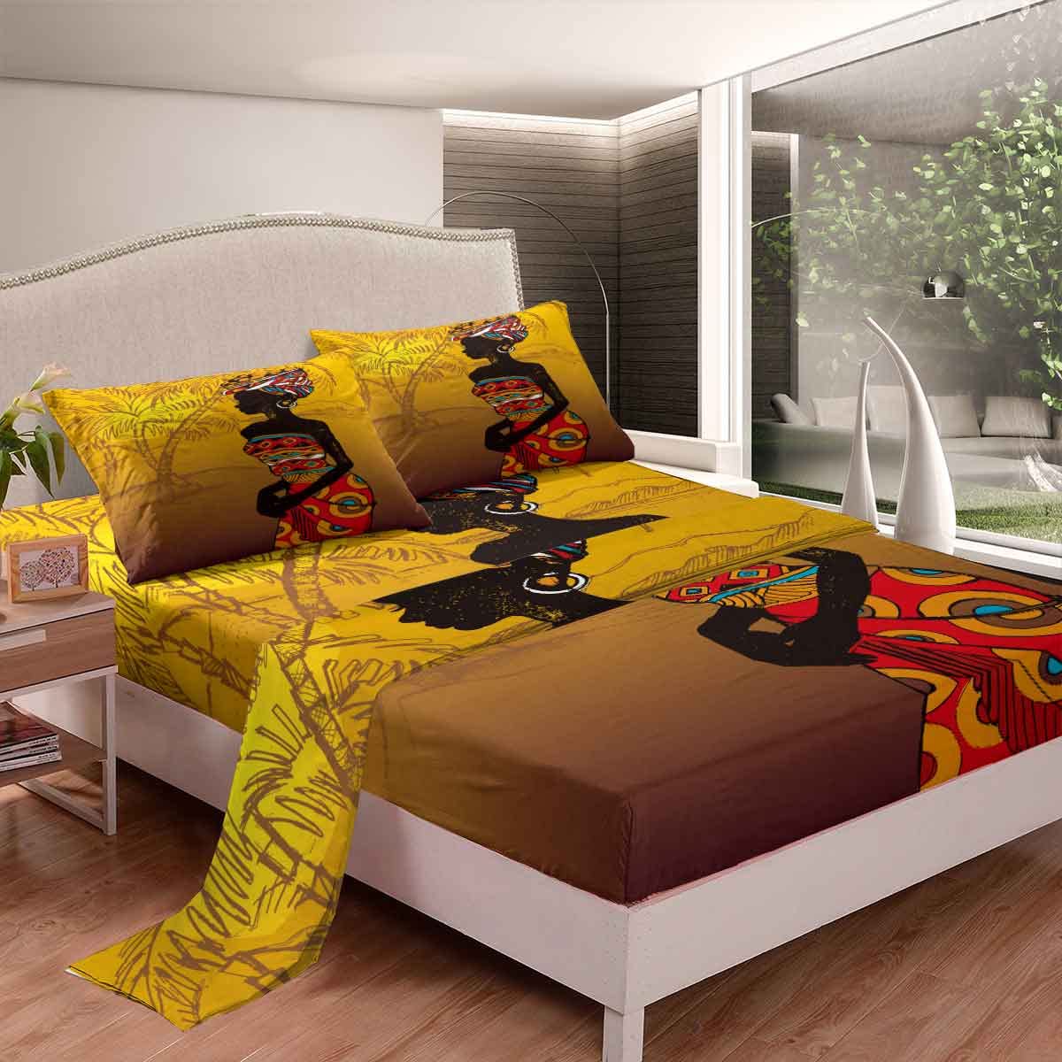 Homemissing Black Woman Bed Sheet Set Boho Tribal Fitted Sheet Ethnic Afro African Bed Sheet Set Traditional Exotic Fitted Sheet African Style 4Pcs Double Size