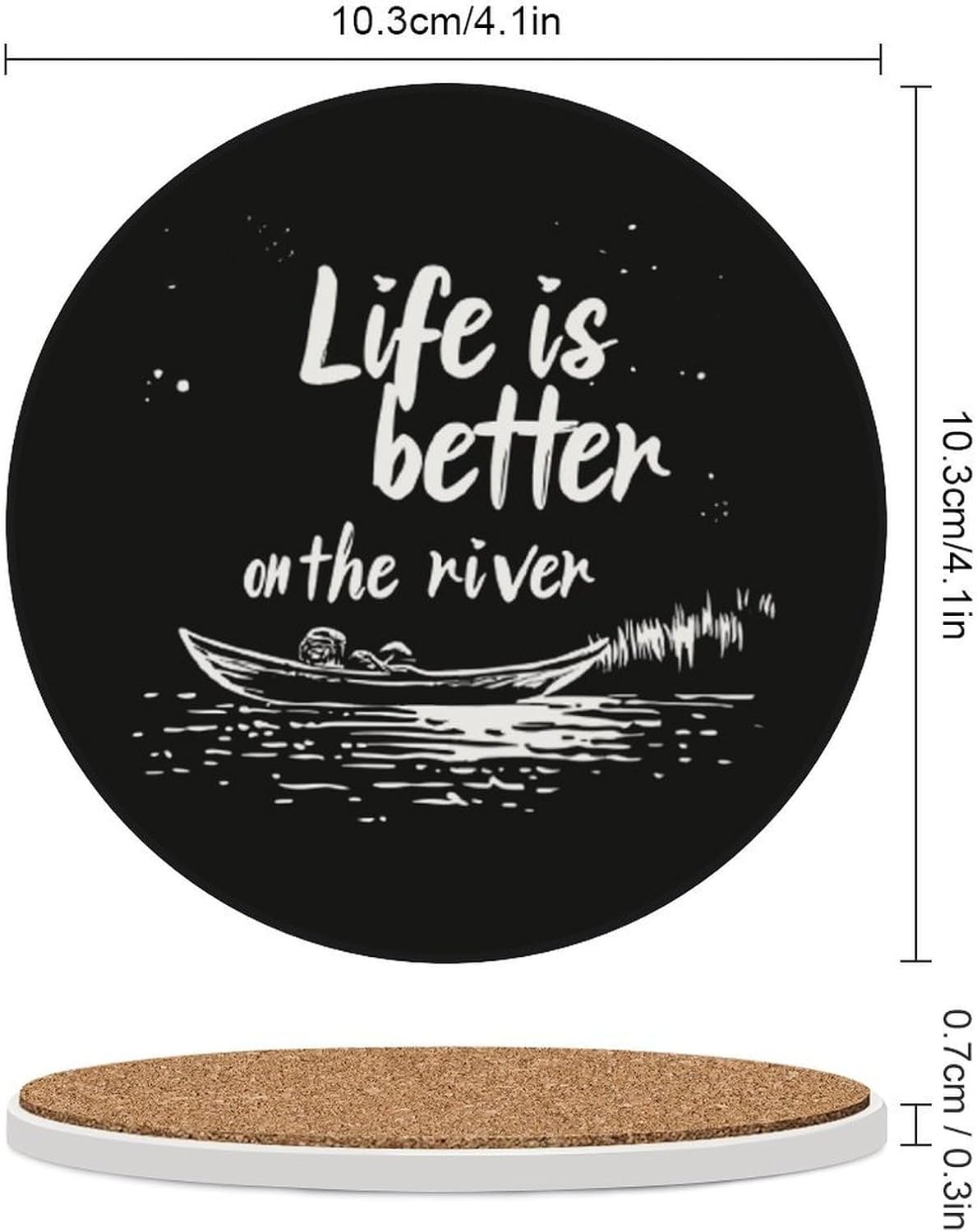 Life is Better on River Round Ceramic Coasters Print Drinks Absorbent with Cork Base for Home Decor Gifts 4 Inch