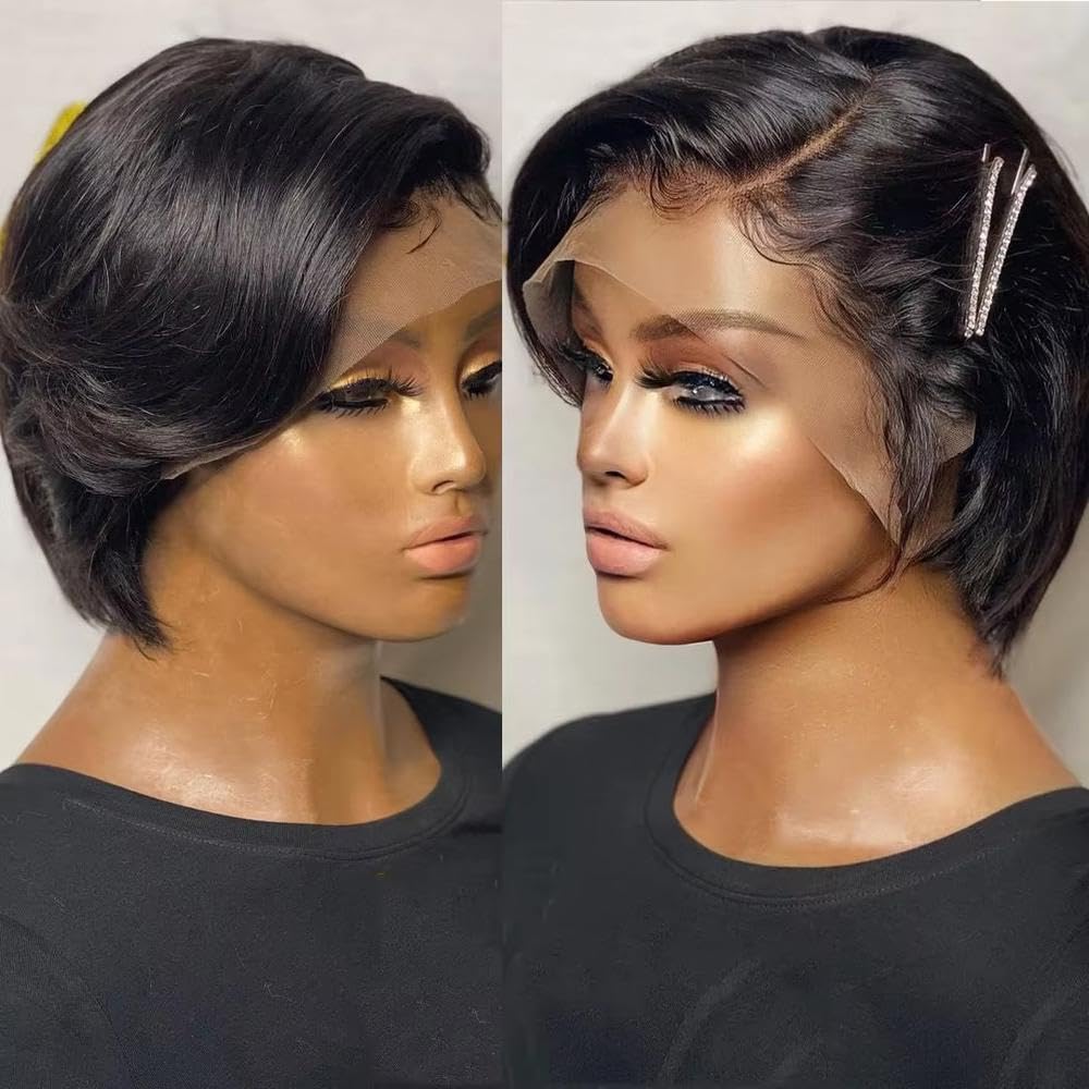 Haarpflege 13x4 Kurze Gerade Transparente Spitze-Front-Perücke Echthaar Für Frauen 250% Tägliches Party-Mutter-Geschenk