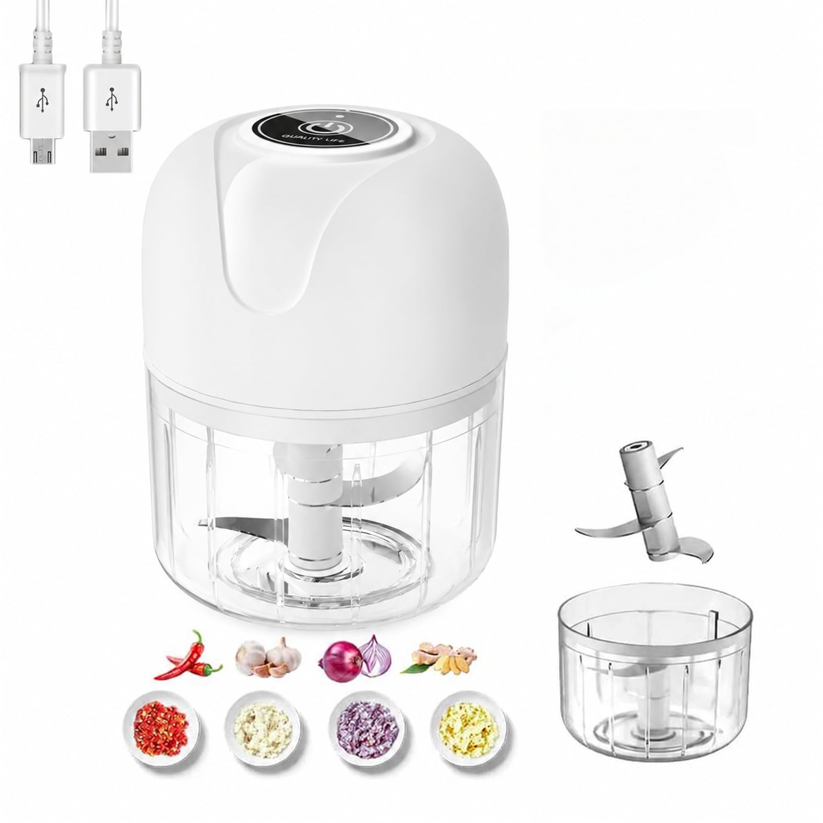 Electric Mini Food Chopper, 250ML Cups, Cordless Rechargeable Mini Onion Veg Cutter, Garlic Press Crusher, Portable Small Vegetable Processor for onion, garlic，Meat, Chili (White, 250ML)