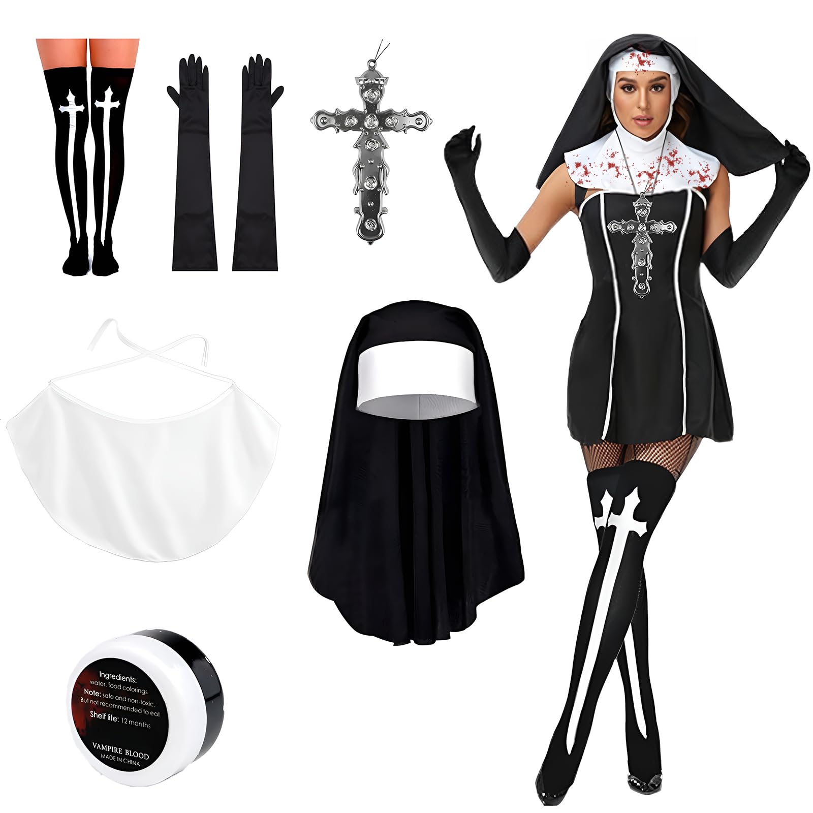 6 Pcs Nun Costumes for Women, Halloween Nun Costume, Nun Outfit Accessories Nun Headpiece Collar Cross Pendant Gloves Knee Thigh High Socks for Halloween Women Girls Fancy Dress Up