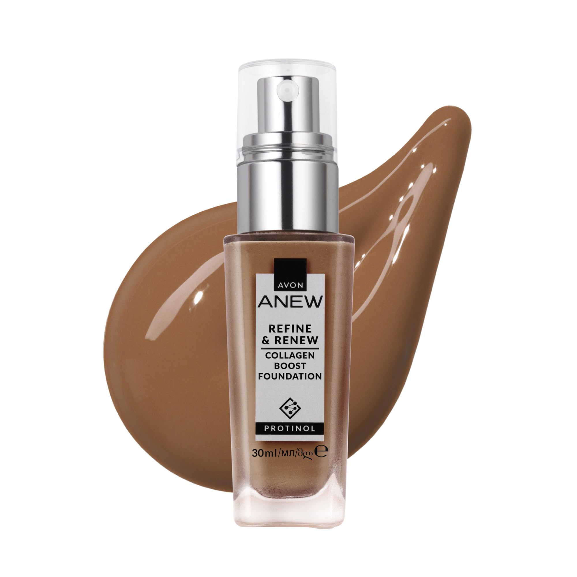 AVON Anew Protinol Refine & Renew Foundation SPF30, 30ml, Collagen Boosting, Buildable, Resilient, Plumper & Firming-Looking Complexion, Undetectable, Lightweight & Radiant Finish & Feel, 345N