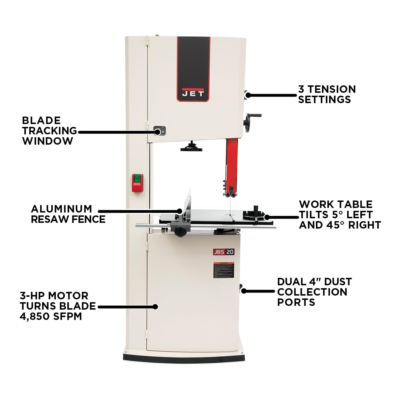 JET 20-Inch Woodworking Bandsaw, 3 HP, 1Ph 230V (Model JWBS-20-3)