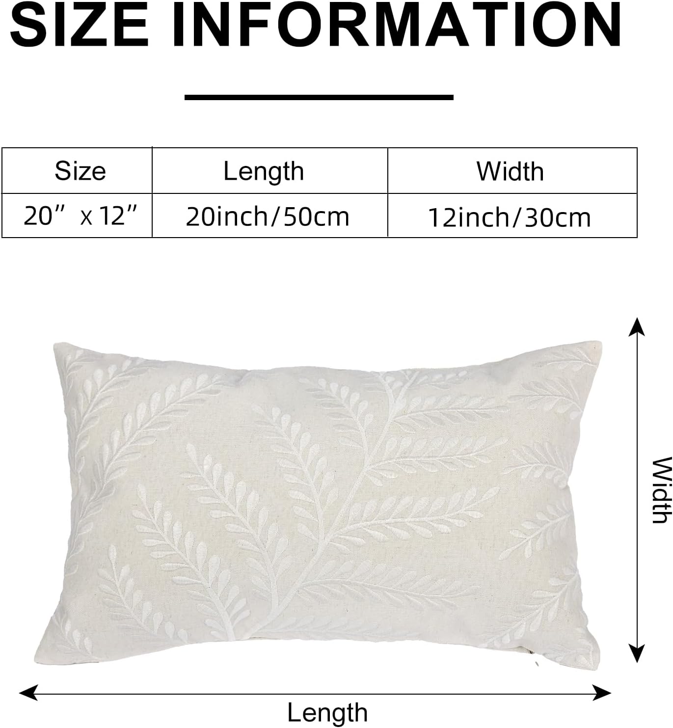 Embroidered Throw Pillow Cover 12x 20, Classical Boho Leaves Natural Linen Pillow Cushion Case, Farmhouse Home Decor for Outdoor Couch Bedroom Car White
