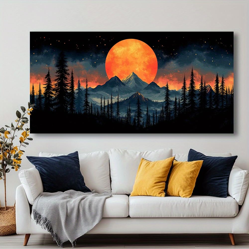 AEFOUU Modern Wall Art Mountain Moon Abstract Canvas Painting Home Decor Picture Artwork for Living Room Office Wall Decoration(20x40cm/8x16in/Frameless)